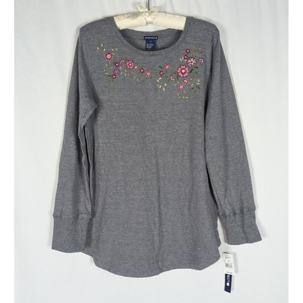 Architect Shirt XL Women's Gray Floral Embroidered Thin Waffle Knit Long Sleeve
